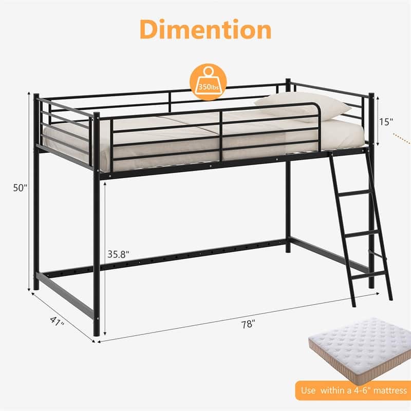 Junior Metal Twin Loft Bed With Guard Rails And Stairs
