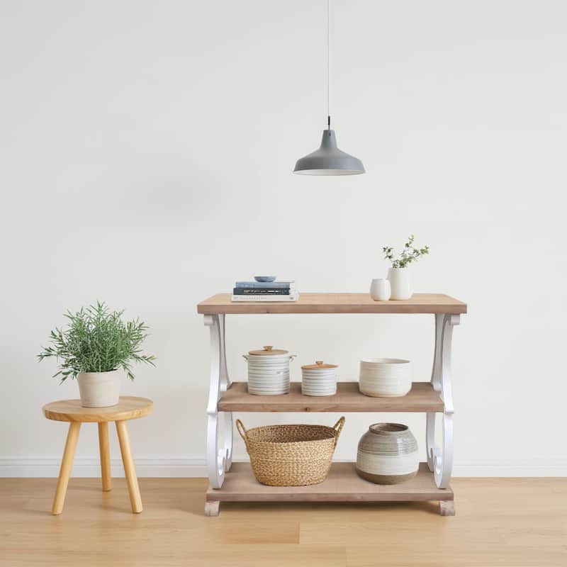 3 Tier Wood Console Table with Curved Legs, Brown and White, 35.4" L x 15" D x 30.2" H - 35.4" x 15" x 30.2"