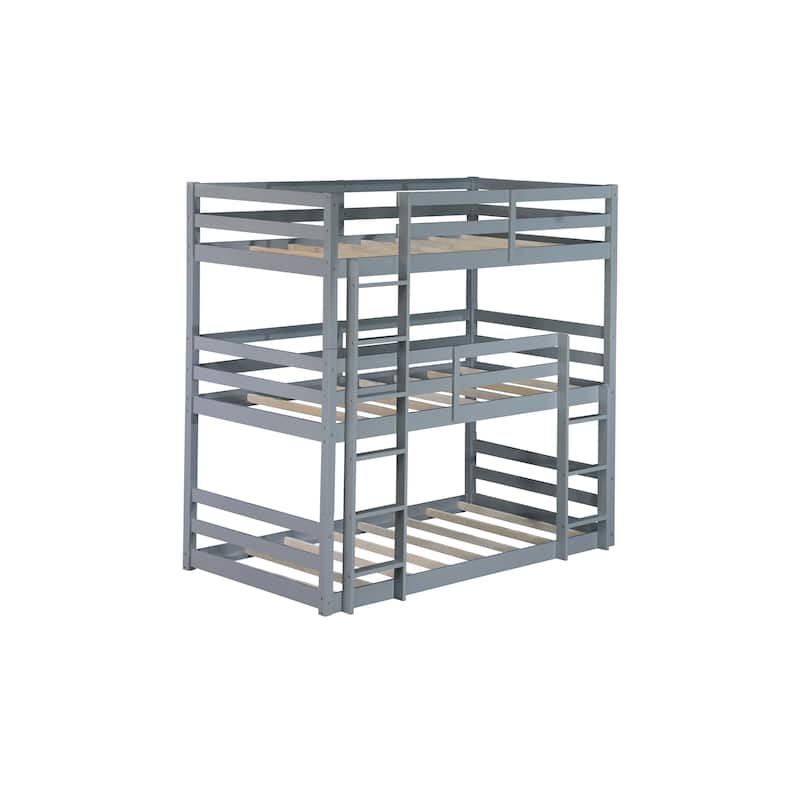 Triple Rubber Wood Bunk Bed with Two Built-in Ladders, Guardrails, Twin over Twin over Twin, Detachable Triple Twin Bunk Bed