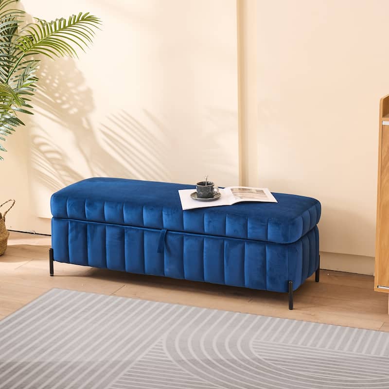 49.21" Wide Upholstered Velvet Storage Soft Bench Footstool Ottoman End of Bed with Metal Legs, Foot Rest - Navy