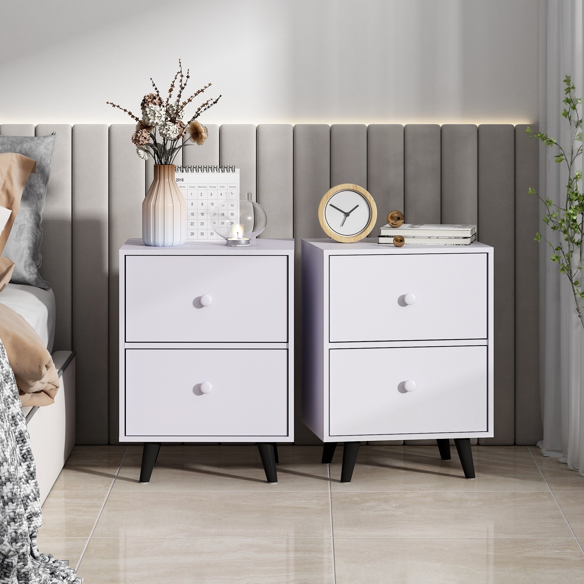 Set of Mid Century Modern Nightstand, Side Table Collection with Drawers,  Storage Cabinet with Splayed Legs 37569481