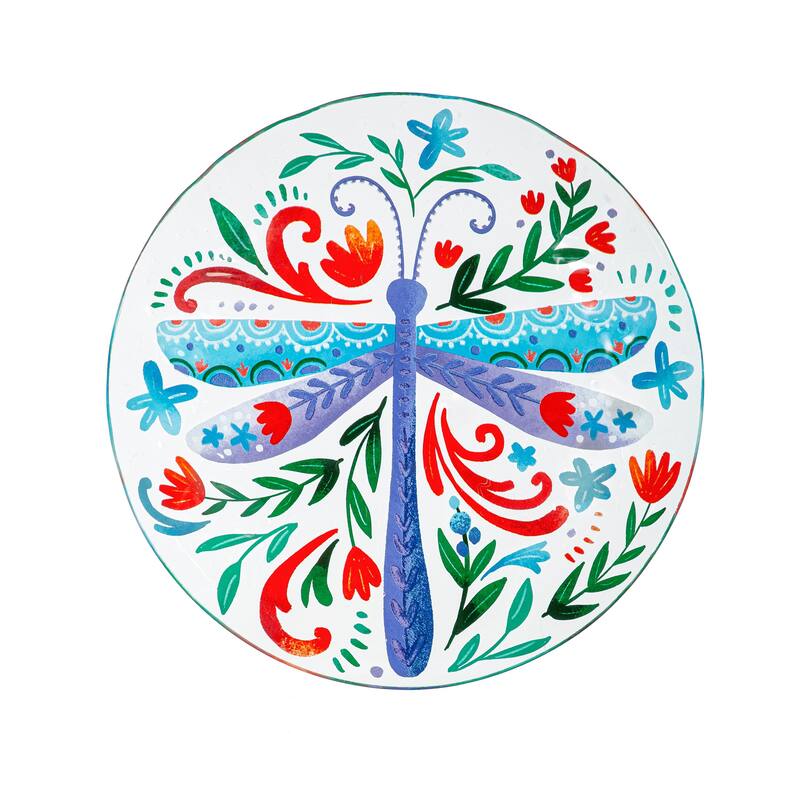 18" Glass Folk Art Bird Bath, Dragonfly