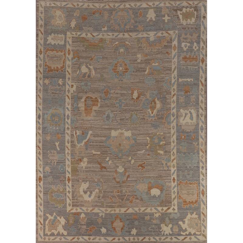 Beige Oushak Vegetable Dye Area Rug Hand-Knotted Wool Carpet - 9'1"x 12'0"