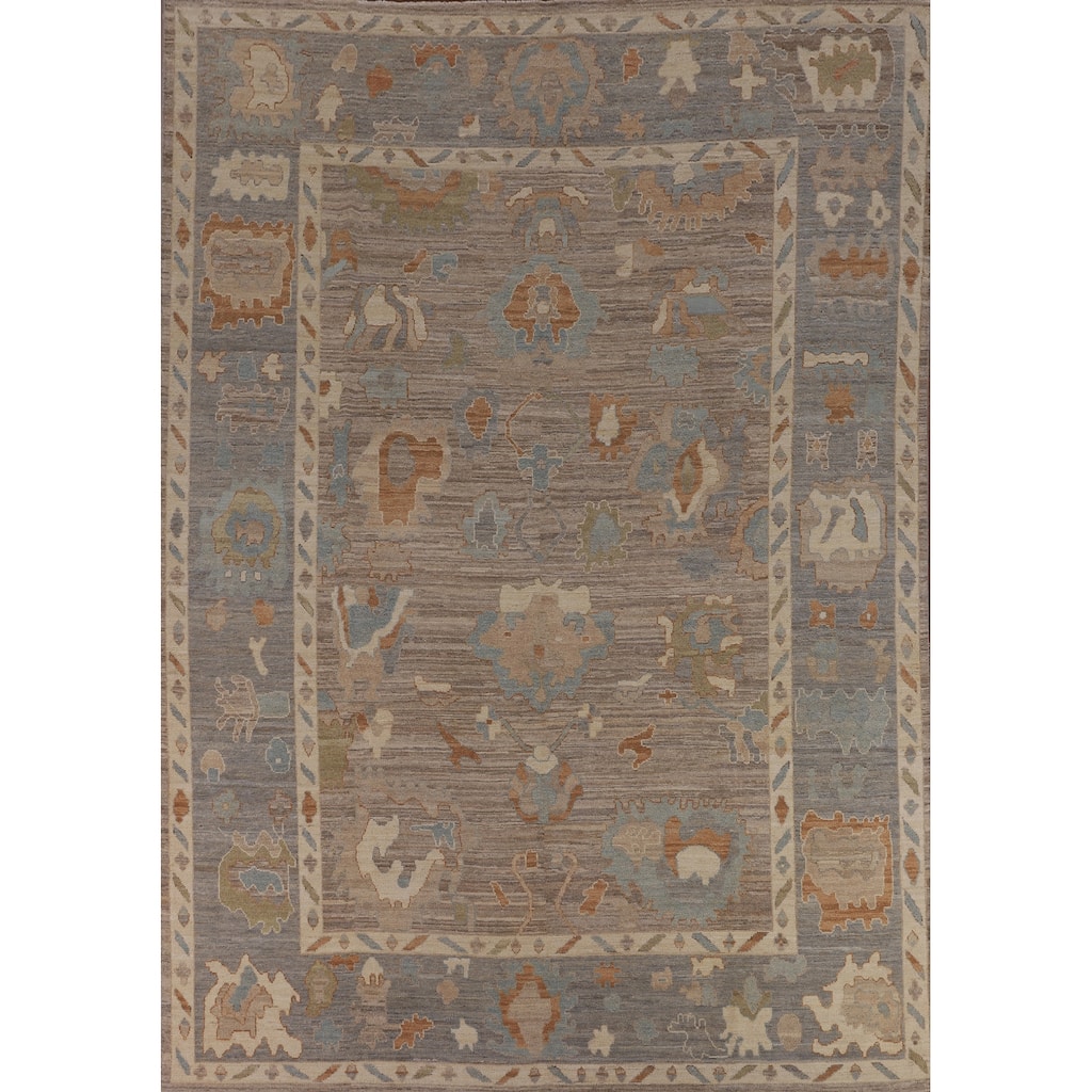Beige Oushak Vegetable Dye Area Rug Hand-Knotted Wool Carpet - 9'1"x 12'0"