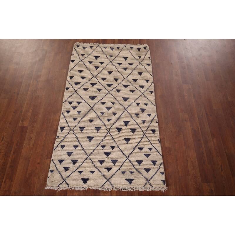 Modern Geometric Moroccan Oriental Accent Rug Hand-Knotted Wool Carpet - 2'10"x 5'3"