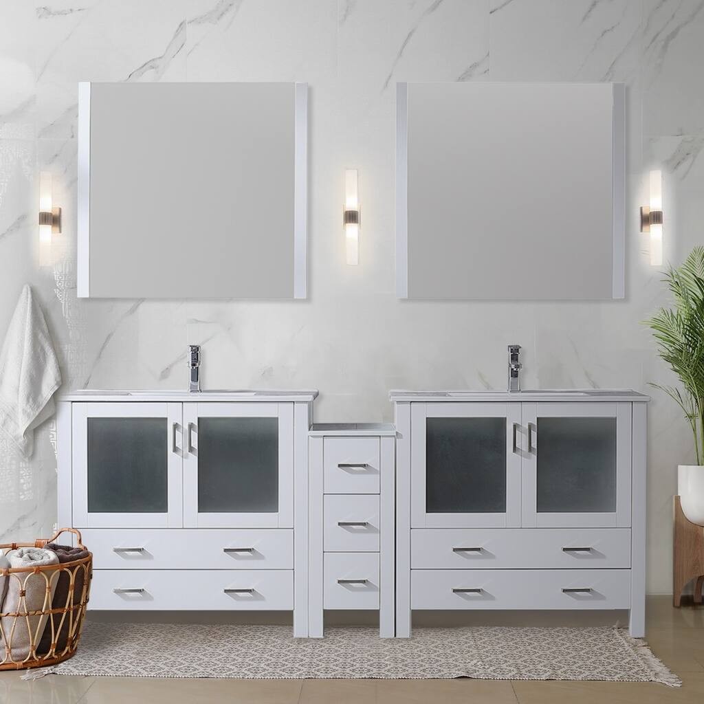 Lexora Volez 84 Inch Bathroom Vanity Cabinet in White with Top and Mirror