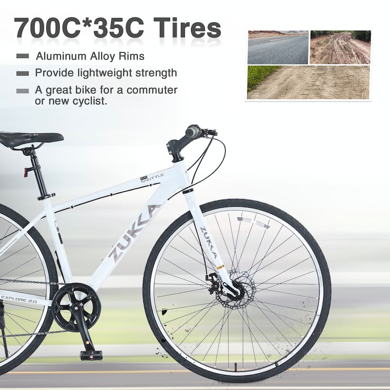 Shimano 7 Speed Hybrid Bike Double Disc Brakes 700C Road Bike,White