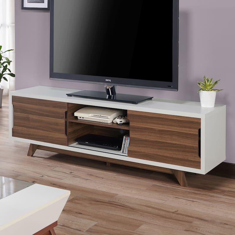 DH BASIC Mid-Century Modern White and Walnut 62-inch Wide 6-Shelf TV Stand by Denhour