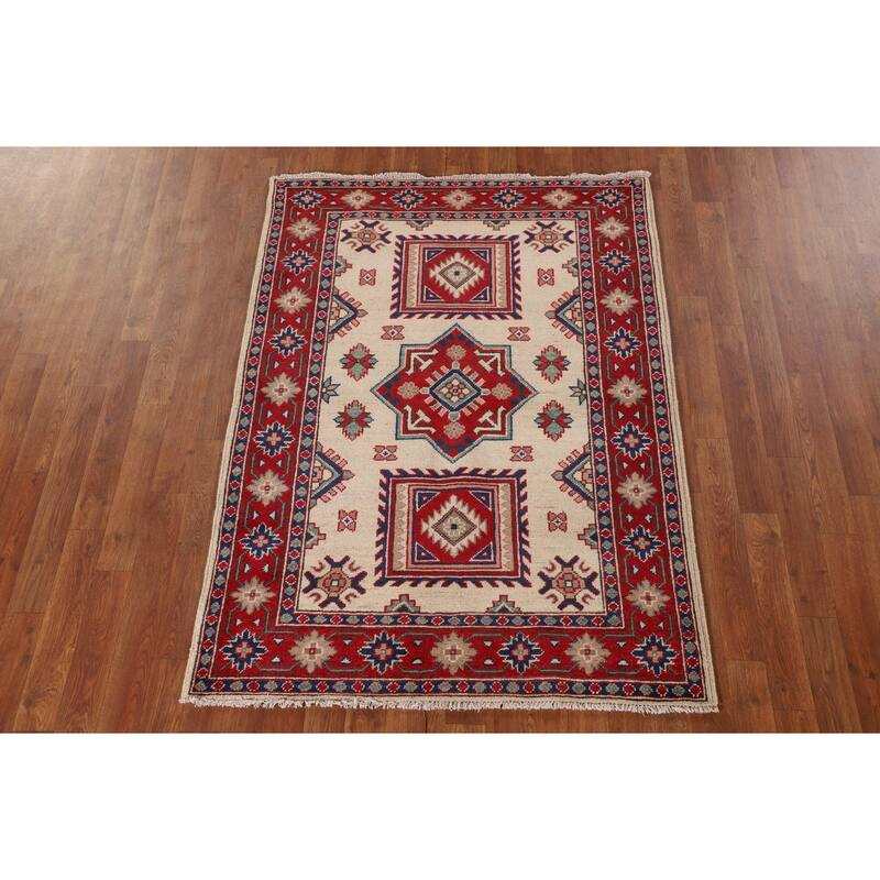 Ivory Geometric Kazak Oriental Accent Rug Hand-Knotted Wool Carpet - 3'7"x 5'0"