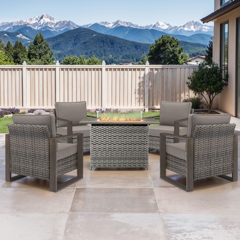 Pocassy 5 Pieces Outdoor Patio Chair with Fire Pit Table Set - Gray cushion - Gray Wicker