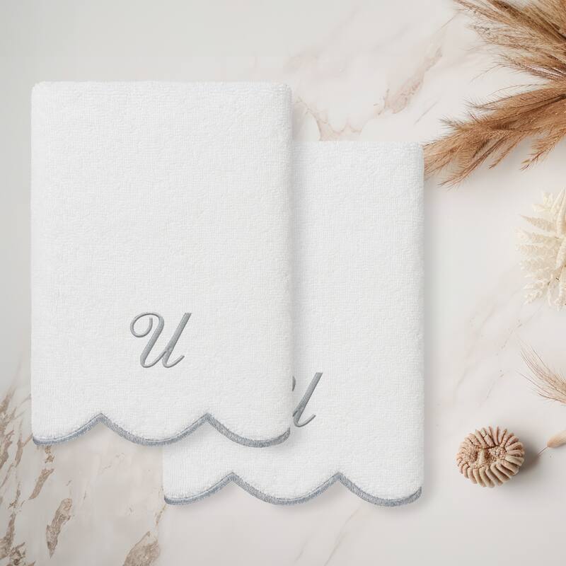 Authentic Hotel and Spa 100% Turkish Cotton Grey ADORNIA Scallop Personalized 2 Piece Hand Towel Set - 2 Hand Towels