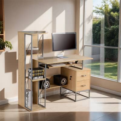 Computer Desk w/4-Tier Bookshelf,Home Office Writing Table Workstation