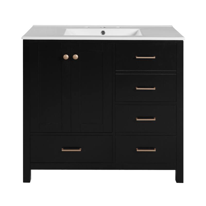 Black Storage Cabinet for Bathroom Vanity with Ceramic Sink, Solid Wood Frame, 4 Full-Extension Drawers and Soft Closing Doors