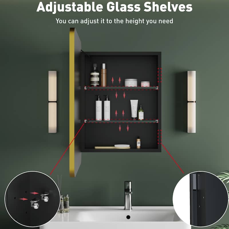 Milo LED Iron Medicine Cabinet with Mirror, Dimmable, Anti-fog, Adjustable Glass Shelves, Recessed or Surface Mount