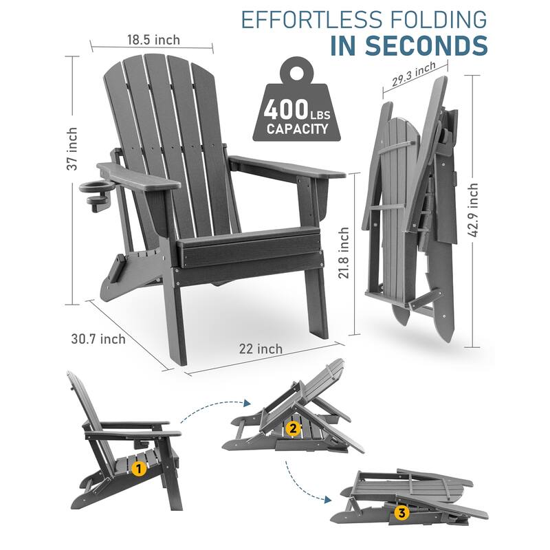 HDPE Folding Adirondack Chair with Cup Holder,Weather-Resistant, Low Maintenance,Supports up to 400lbs