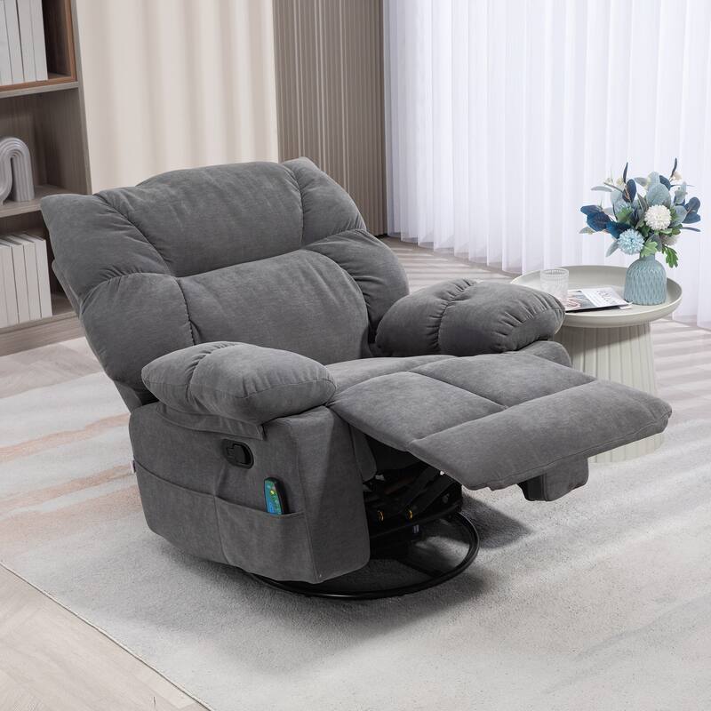 Grey Swivel Manual Recliner with Vibration Massage, Heating, Footrest, Remote Control, and 4 Side Pockets