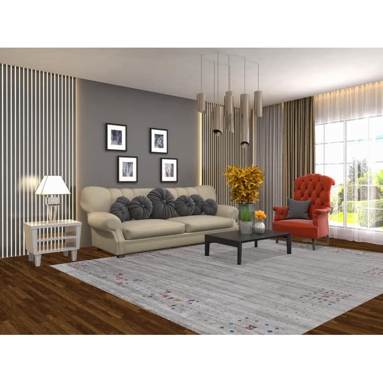 Hand Knotted Oriental Viscose Silk Carpet Tribal Stripe Greys & Charcoal Gabbeh Area Rug - 9' 11'' X 7' 10''