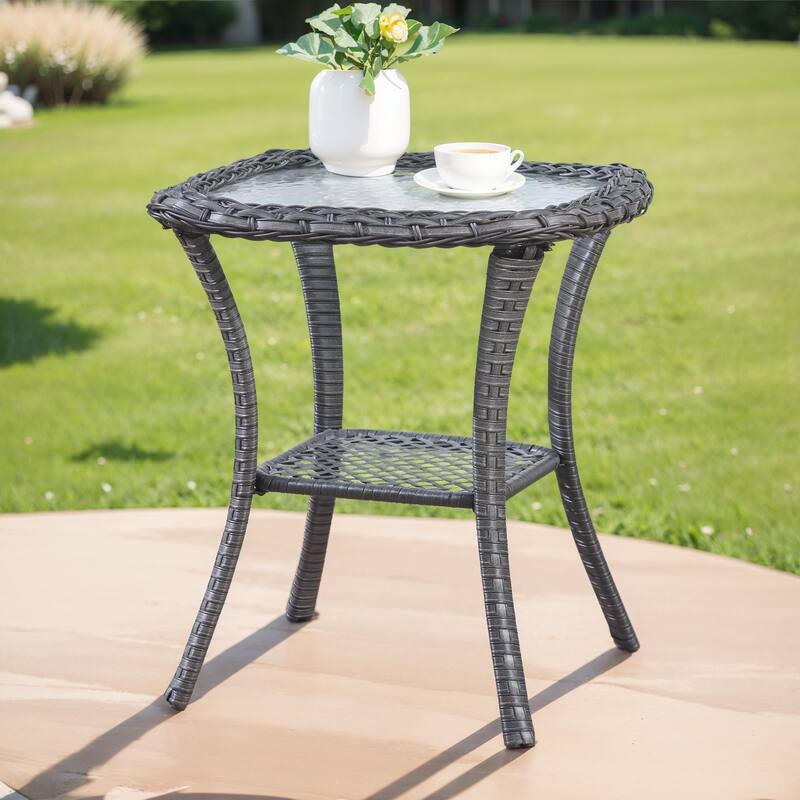 Patio Rattan Wicker Coffee Table with Tempered Glass Top