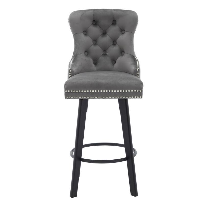 Modern Swivel Bar Stools, Dark Gray Velvet with Button Tufting & Rivet Trim, Large Backrest & Footrest, Set of 2