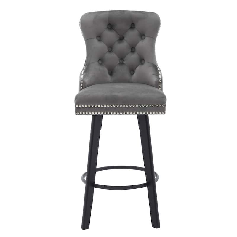 Velvet Swivel Bar Stools Set of 2, Button Tufted Bar Stools with Rivet Trim, Kitchen Stools with Metal Pull Ring & Footrest