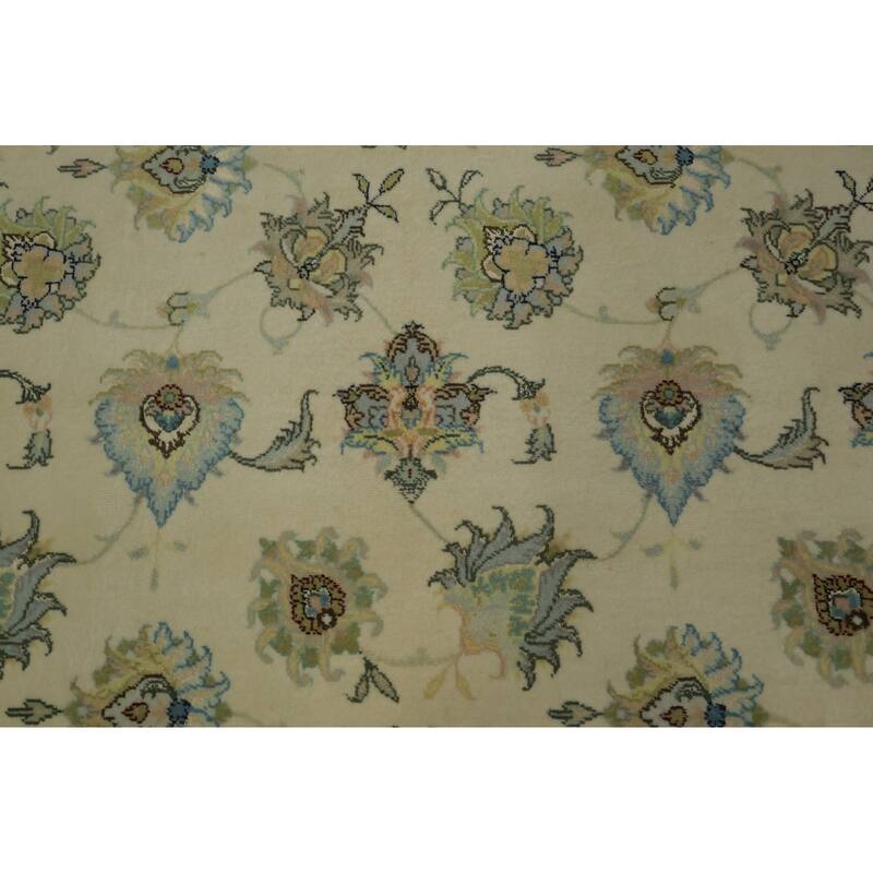Hand Knotted Oriental Wool & Silk Carpet Traditional All-Over Beige & Ivories Tabriz Area Rug - 9' 5'' X 6' 3''