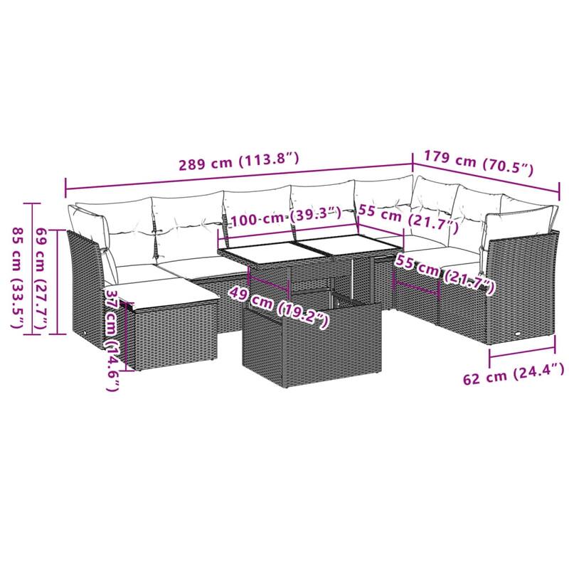 vidaXL Patio Sofa Set with Cushions Outdoor Furniture 9 Piece Poly Rattan - 21.7 x 39.4 x 28.7 in