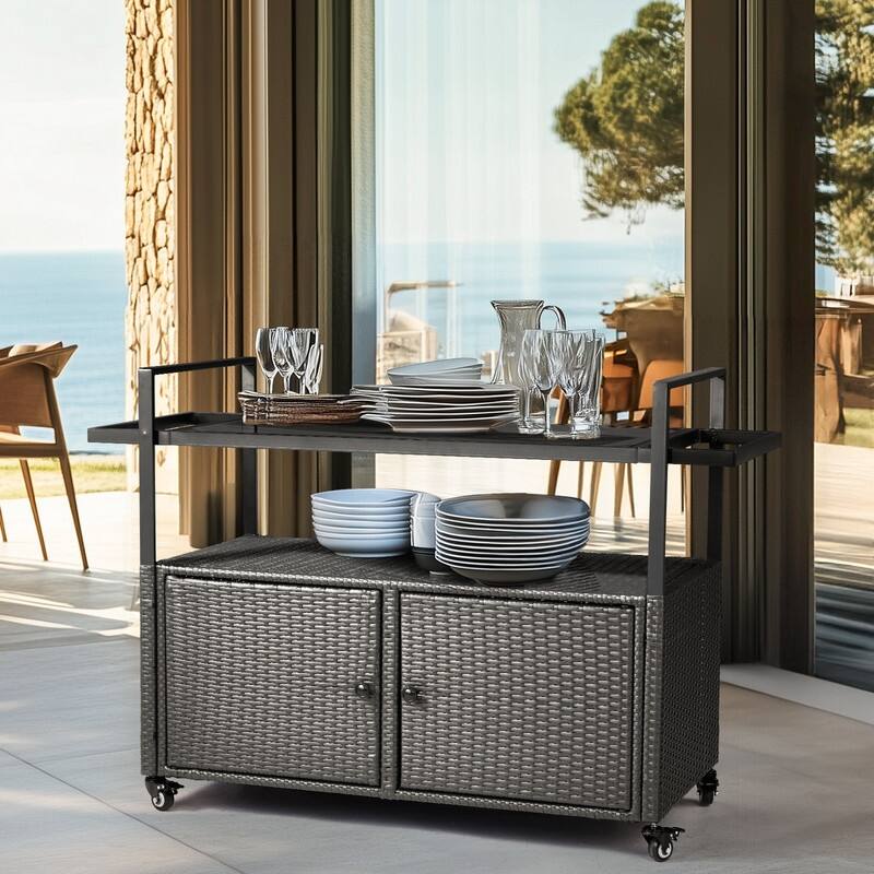 51*20*35.5inch Outdoor Bar Cart Table, Large Wicker Island Rolling Cart, Wheeled Buffet Serving Cart, Black