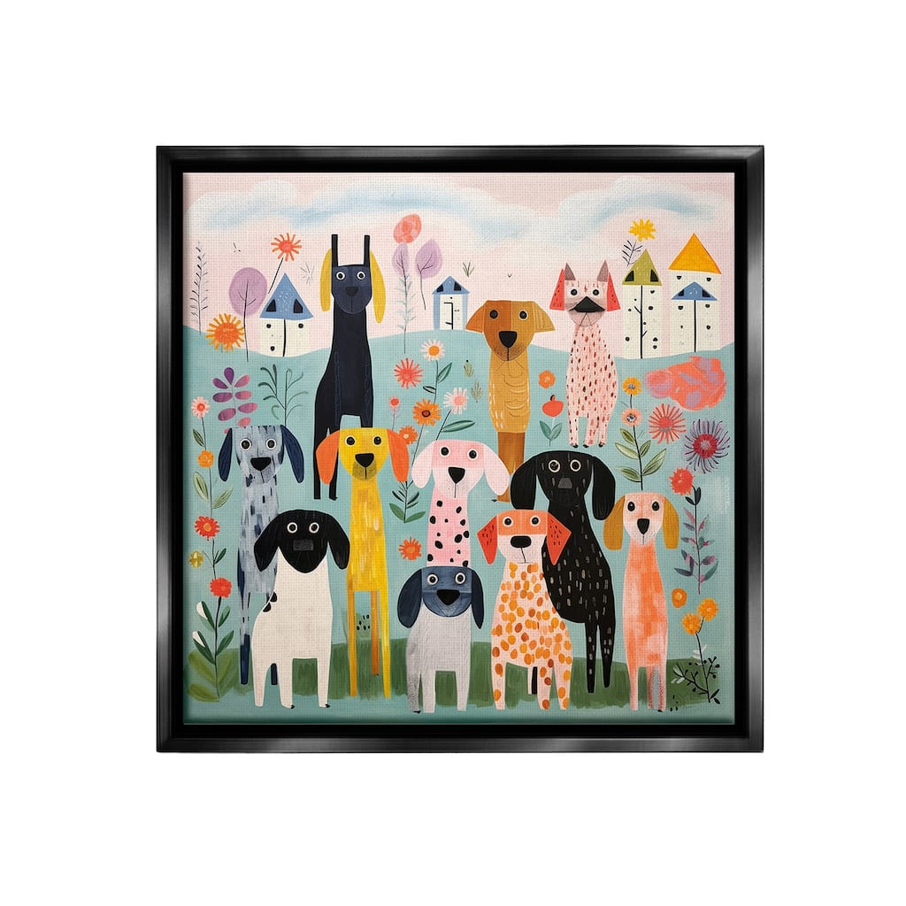 Stupell Patterned Dogs in Yard Framed Floater Canvas Wall Art Design By Lazar Studio