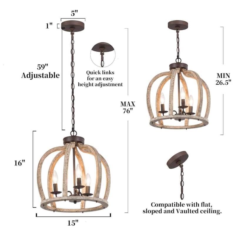 Farmhouse 3-Light Wood Cage Chandelier Lantern Pendant for Kitchen Island Foyer - D15'' x H76''