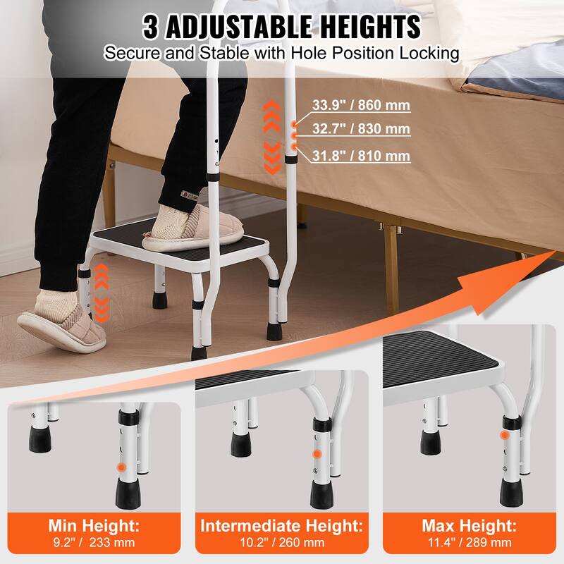 Anmytek Heavy Duty Steel Step Stool 3 Adjustable Height with Handle 330lbs Capacity Non Slip Portable - White