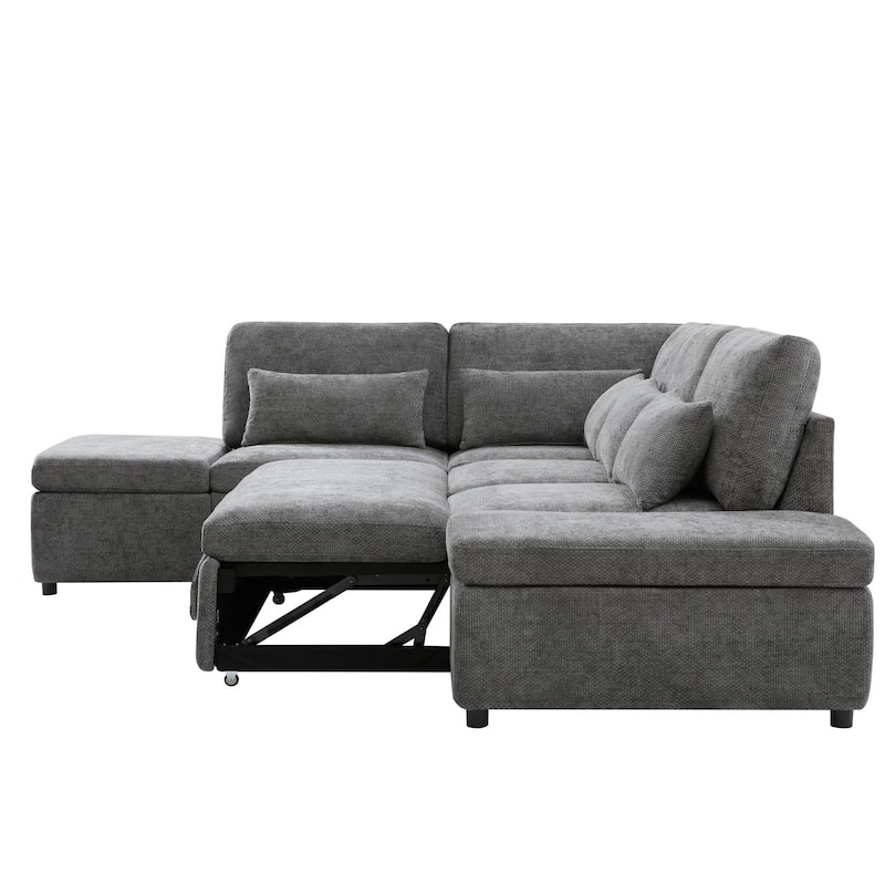 107" L-shaped Chenille Sofa with Adjustable Armrest and Ottoman