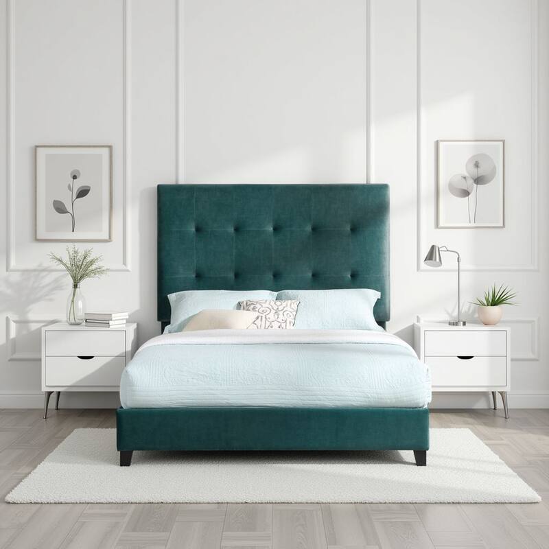 Bridgevine Home Tall Green Velvet Tufted Headboard Upholstered Platform Bed