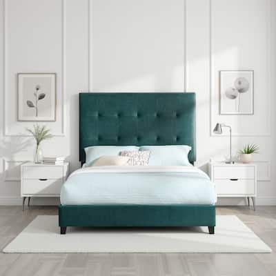 Bridgevine Home Tall Green Velvet Tufted Headboard Upholstered Platform Bed