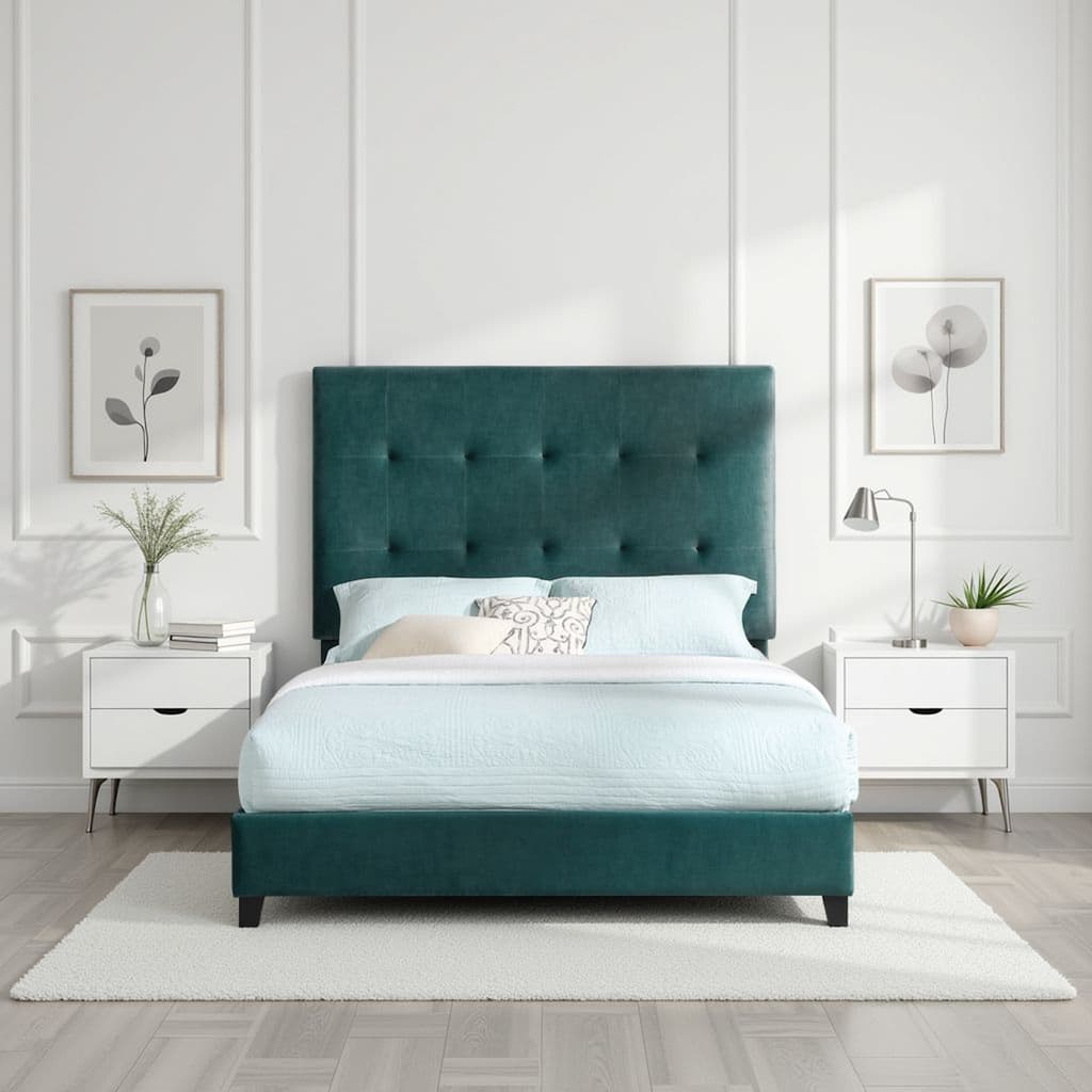 Bridgevine Home Tall Green Velvet Tufted Headboard Upholstered Platform Bed