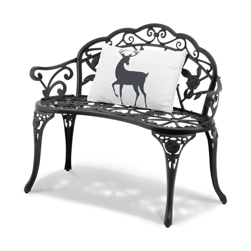 Black Metal Outdoor Garden Bench, Floral Design, 480lb Patio Seating - 22.4” L x 38.8” W x 31.1” H