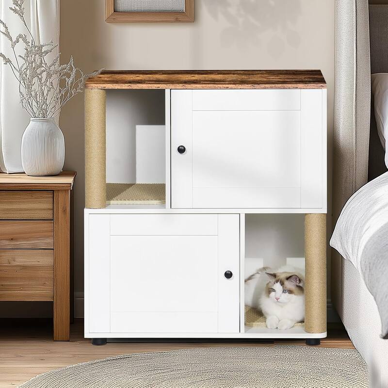 Double Cat Litter Box Enclouse with Scratch Post and Litter Mat