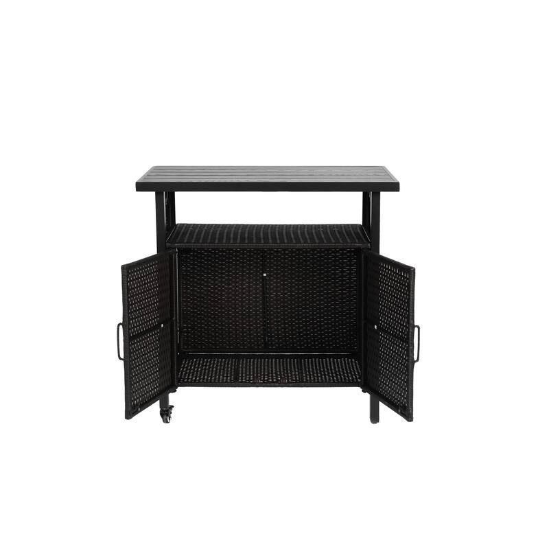 Anmytek Dark Brown Wicker Rolling Storage Cabinet with Doors for Patio Pool Deck Outdoor