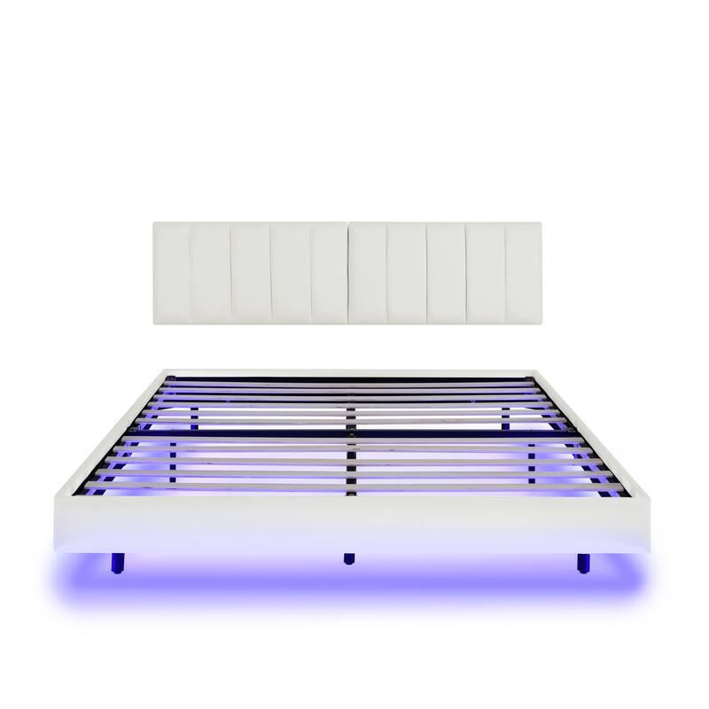 Queen Floating Bed Frame with LED Lights and Wall Mounted Headboard Low Profile Led Platform Bed Frame,No Box Spring Needed