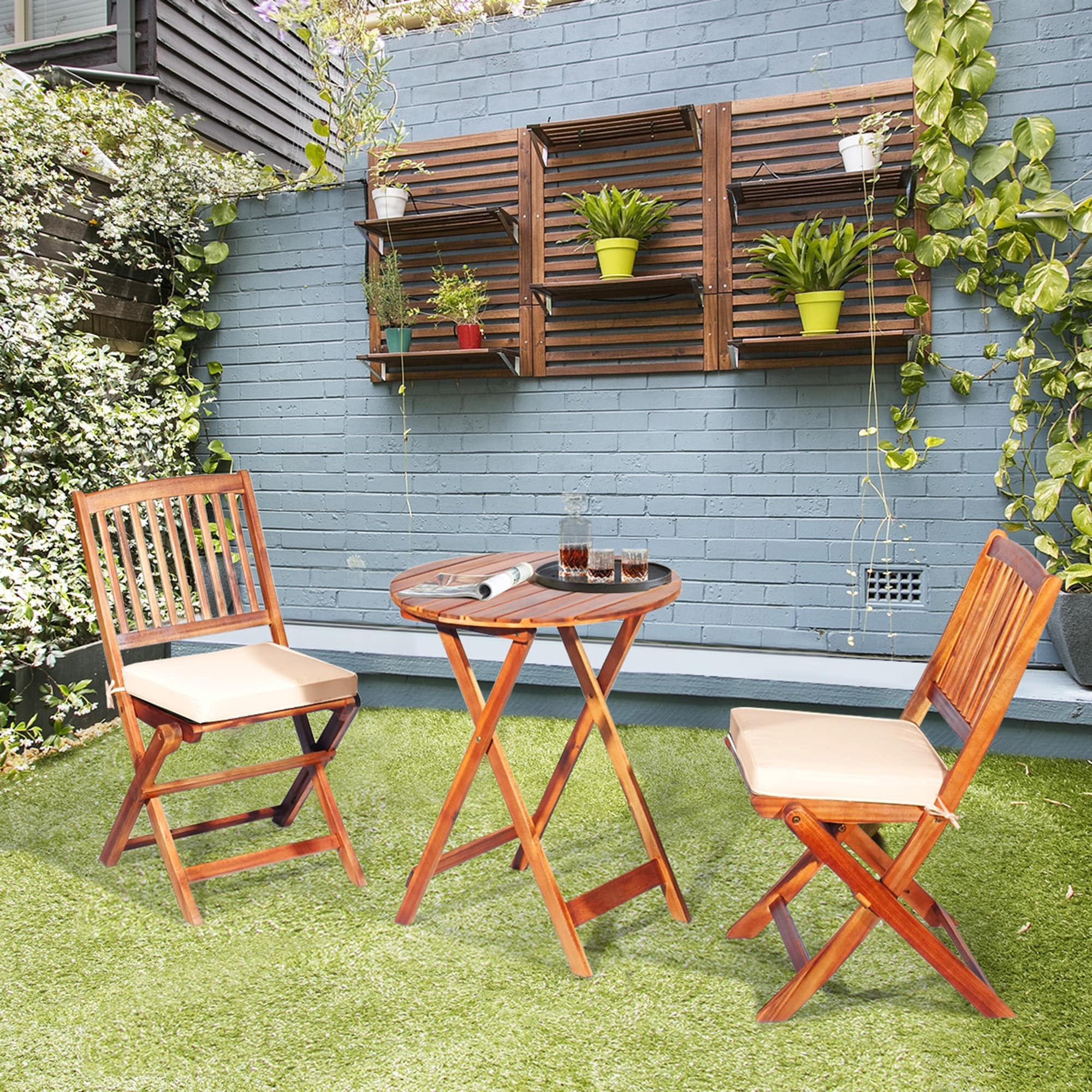 Gymax 3PCS Folding Acacia Wood Bistro Set Patio Conversation Set w See details Bed Bath Beyond 34487100