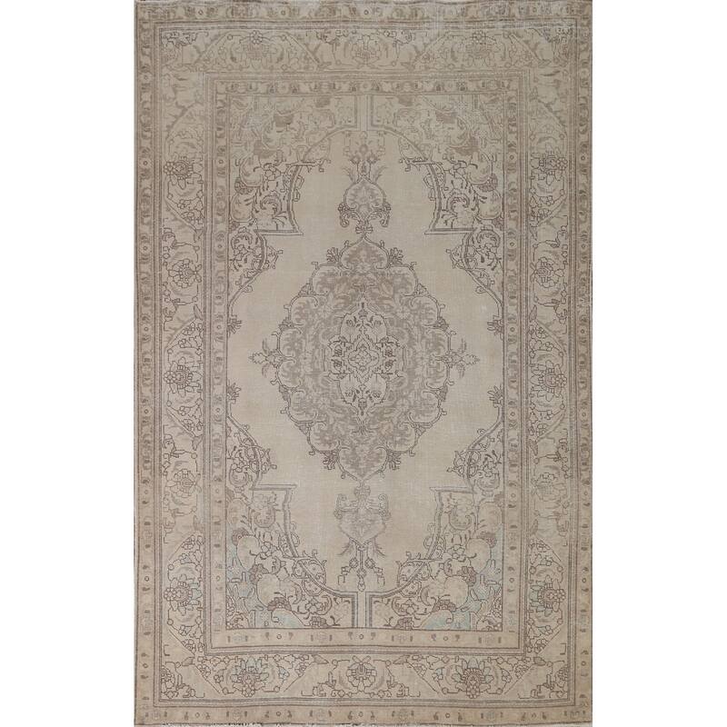 Hand Knotted Oriental 100% Wool Carpet Traditional Medallion Beige & Ivories Tabriz Area Rug - 9' 0'' X 6' 4''