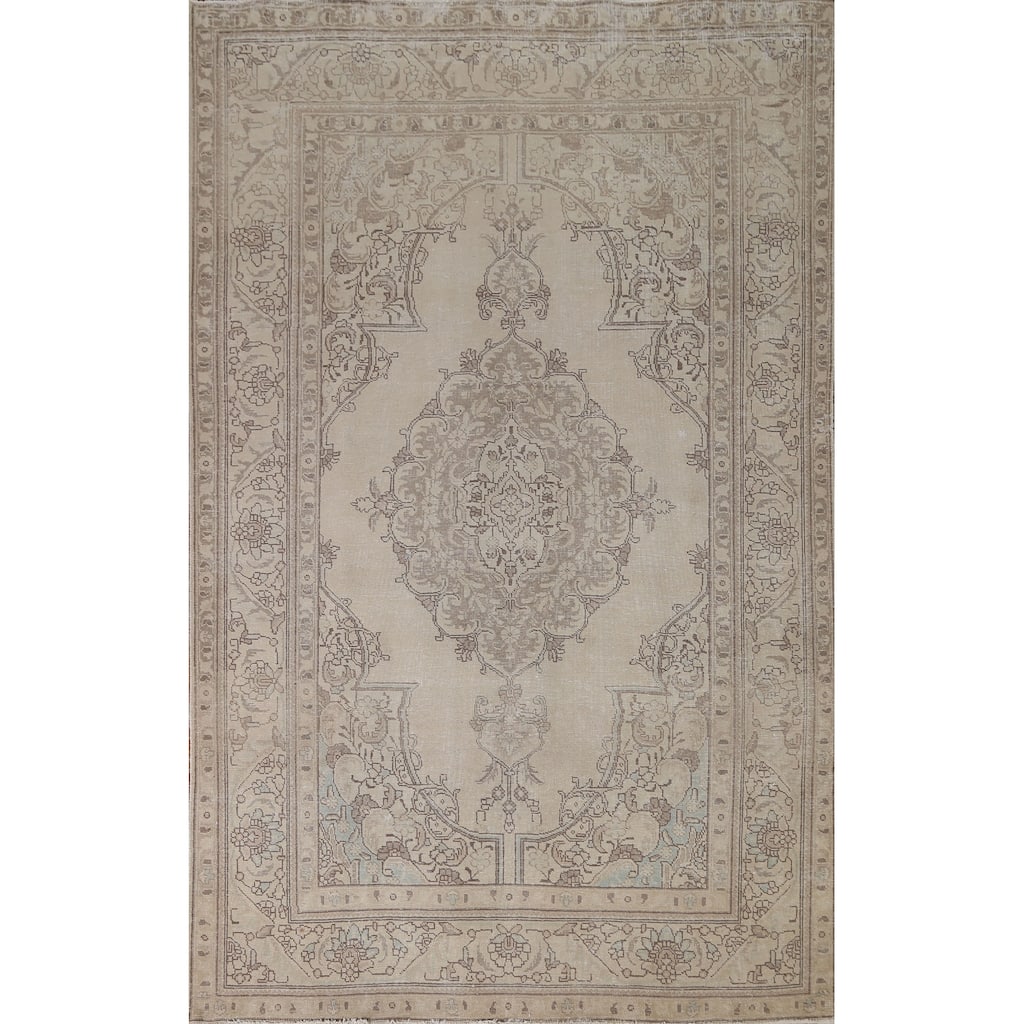 Hand Knotted Oriental 100% Wool Carpet Traditional Medallion Beige & Ivories Tabriz Area Rug - 9' 0'' X 6' 4''