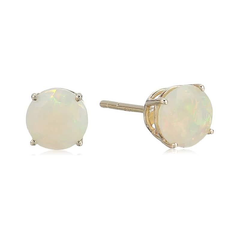Sterling Silver Round 6mm Gemstone Birthstone Stud Earrings - White - Opal