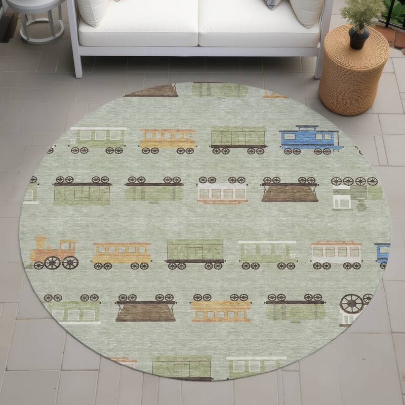 Machine Washable Indoor/ Outdoor Modern Train Chantille Rug - Celery - 8' x 8'