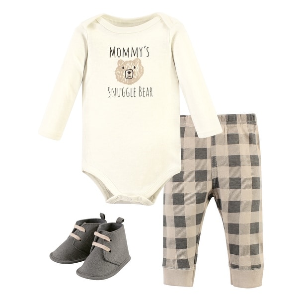 slide 1 of 1, Hudson Baby Cotton Bodysuit, Pant and Shoe Set, Snuggle Bear Long Sleeve 0-3 Months - Snuggle Bear Long Sleeve