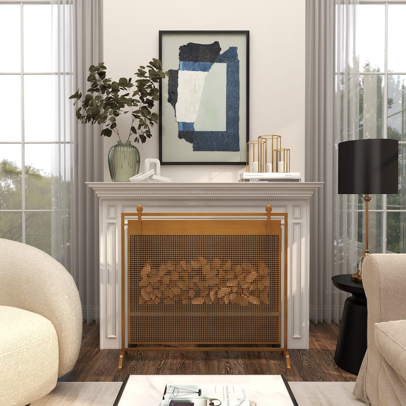 Copper Metal Suspended Grid Style Netting Single Panel Fireplace Screen with Bolted Detailing