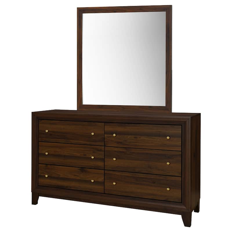 6-Drawer Walnut Dresser and Mirror Set with Warm Finish, Smooth Glide Drawers, and Contemporary Bedroom Style