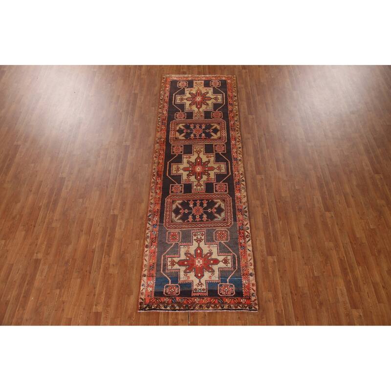 Blue Ardebil Persian Vintage Runner Rug Hand-knotted Wool Carpet - 3'6"x 11'1"
