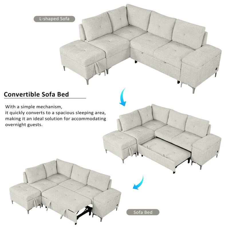 Contemporary L Shaped Sectional Sofa with Storage Ottoman and USB Ports and Drop Down Table for Living Room