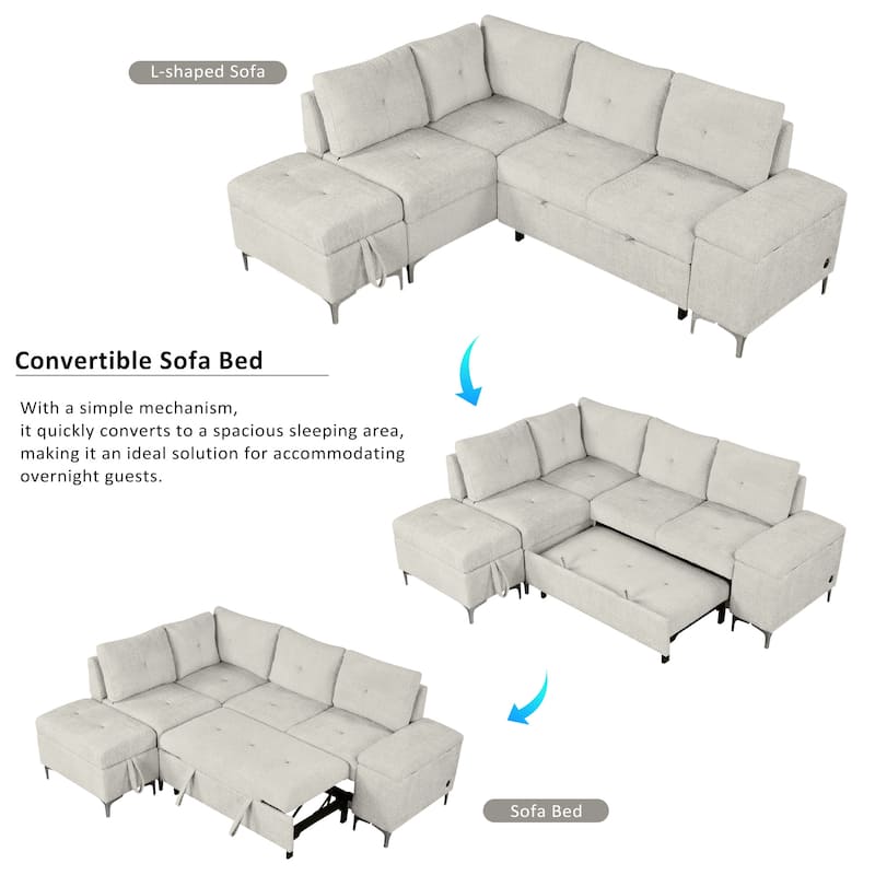 Innovative L-Shaped Convertible Sofa Bed with Ample Storage, USB Ports, and Retractable Backrest