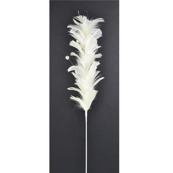 Pack of 4 White Feather Single Stem with Pearls 21.5" - One Size